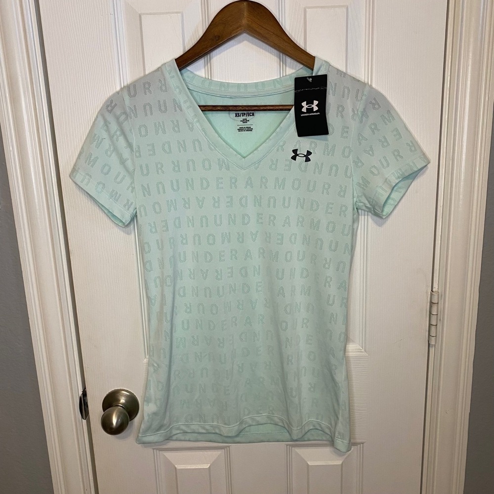 UA Under Armour Women's T‎ Shirt XS NWT Velocity Jacquard V Neck Aqua Blue